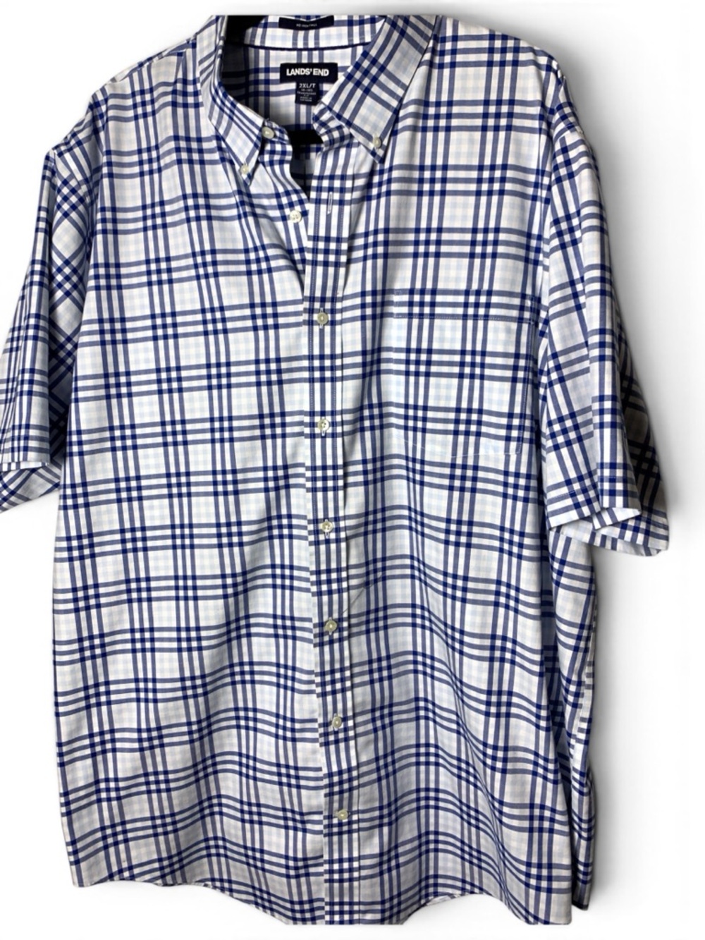 Lands End Mens 2XLT Blue Plaid No Iron Twill Short Sleeve Button Shirt Tall - Picture 3 of 16